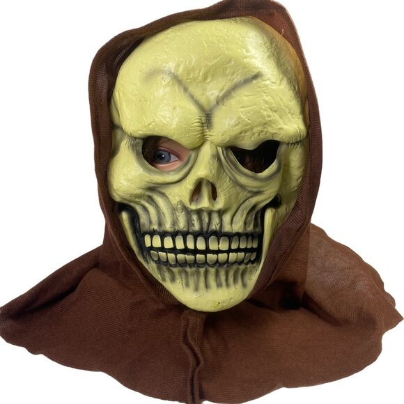 Halloween Skull Mask With Brown Hood Full Face Cover Adult Size - Picture 1 of 8